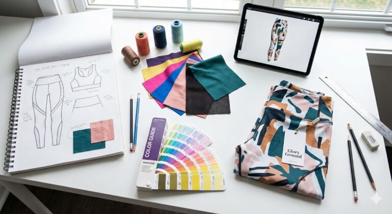 flat-lay-of-sportswear-design-process-sketches-fabric-swatches-and-prototype