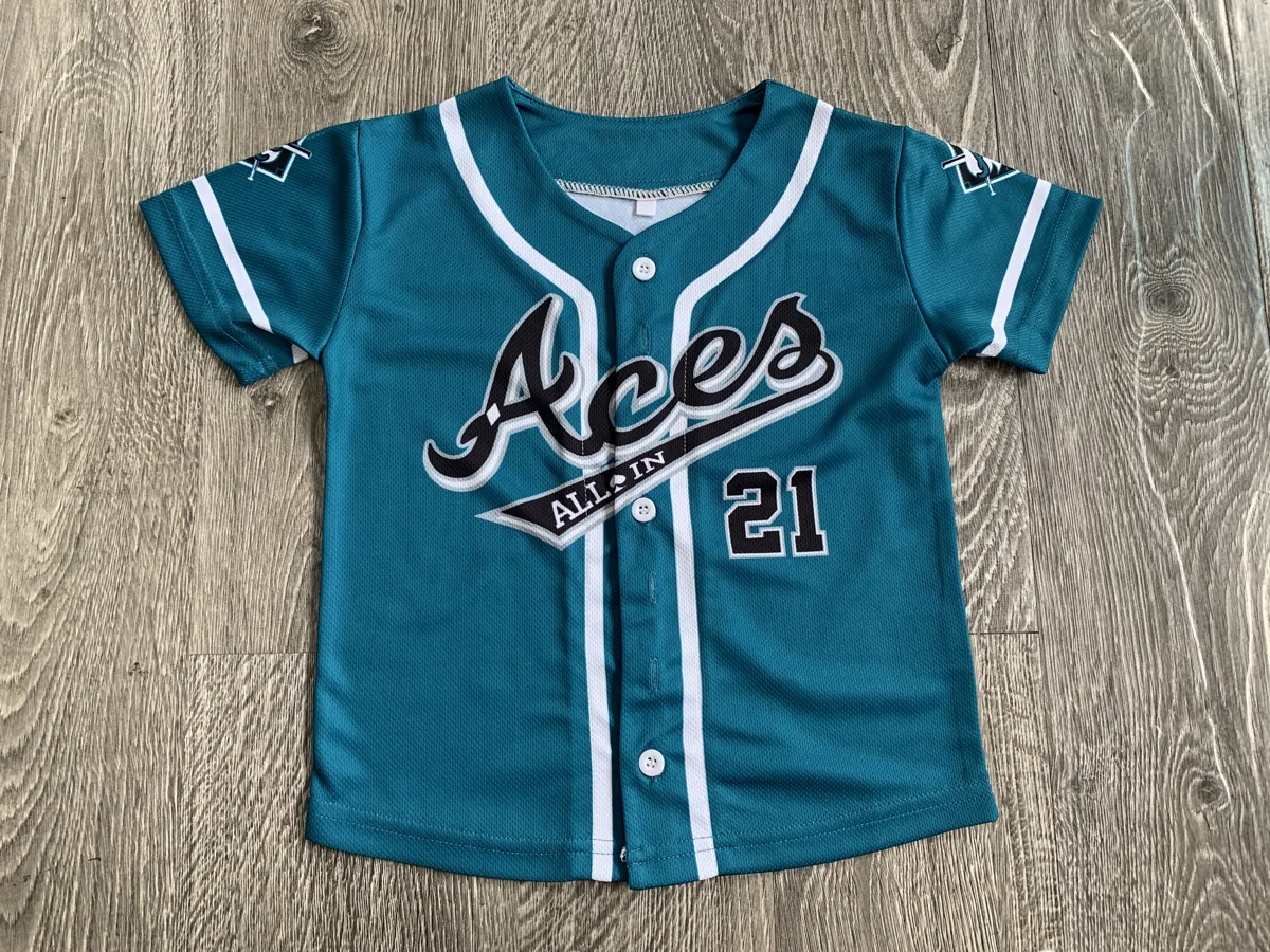 Button-Up Baseball Jersey – Teal Script - custom sportswear manufacturer Glory Ground Apparel