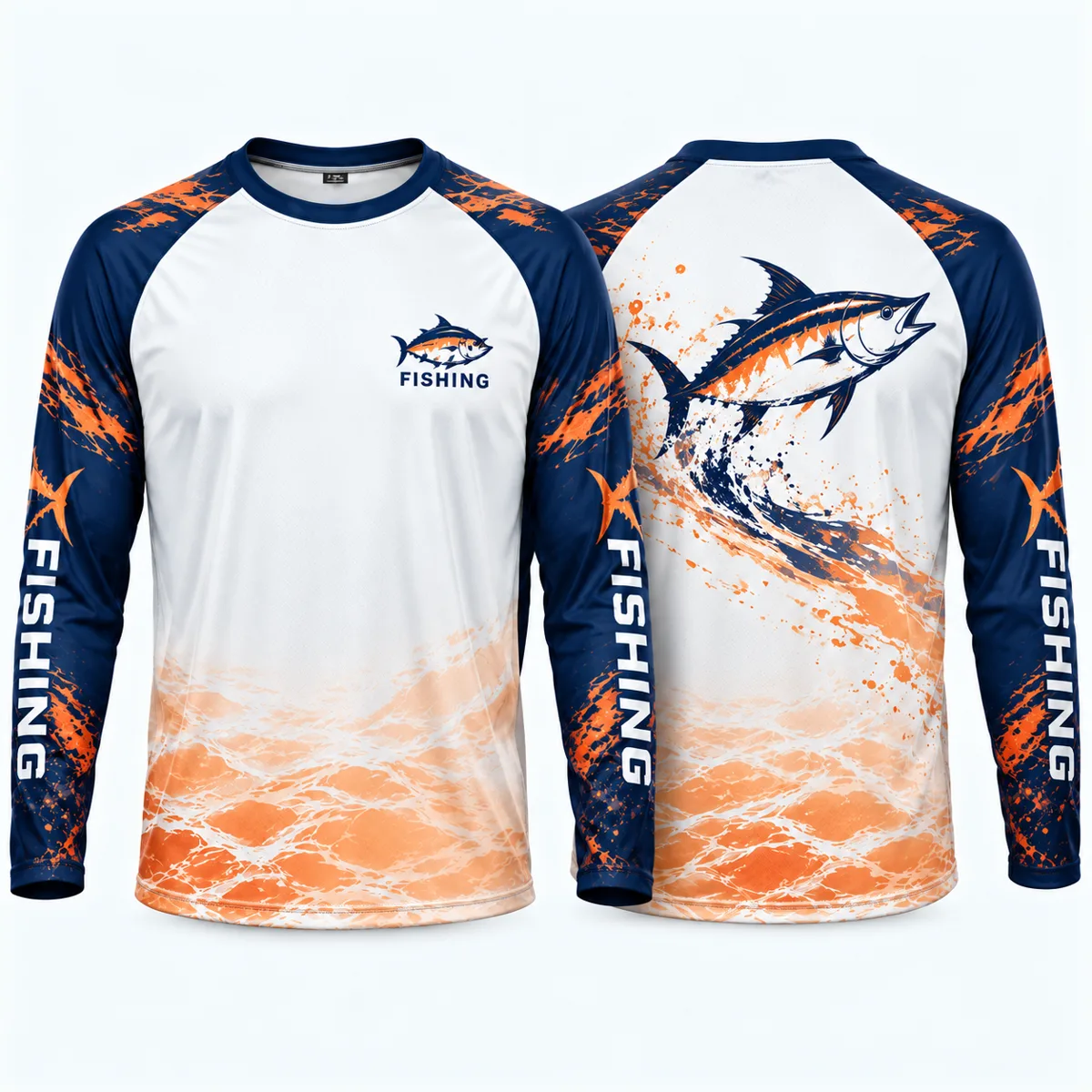 Raglan Long Sleeve Fishing Shirt – Navy & Orange - custom sportswear manufacturer Glory Ground Apparel