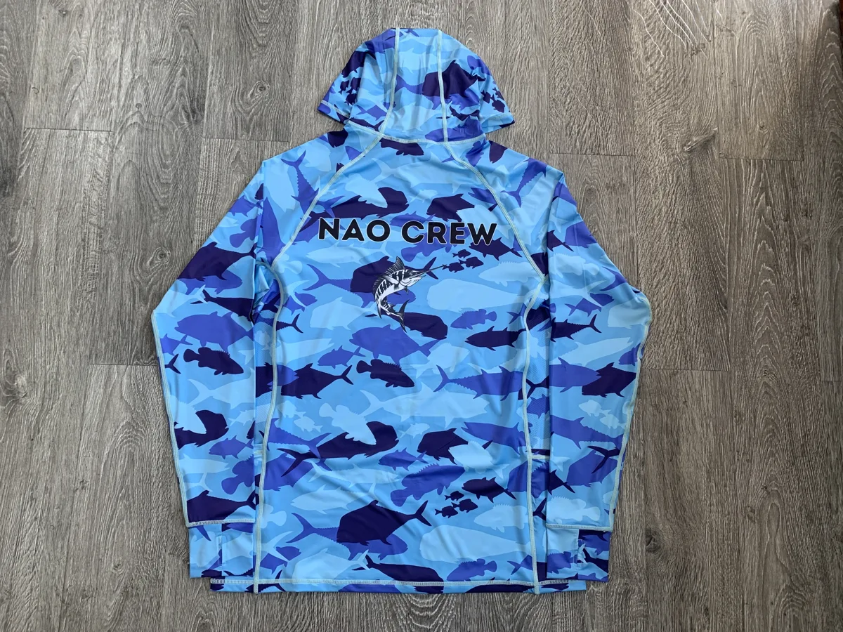 Hooded Fishing Shirt – Blue Camo Fish Print - custom sportswear manufacturer Glory Ground Apparel