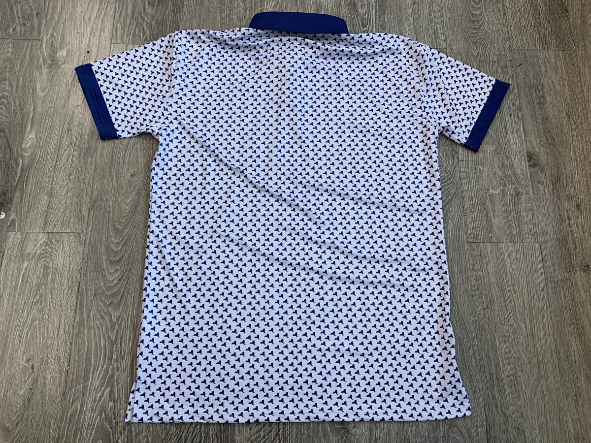 Golf Polo – White Geometric Print - custom sportswear manufacturer Glory Ground Apparel