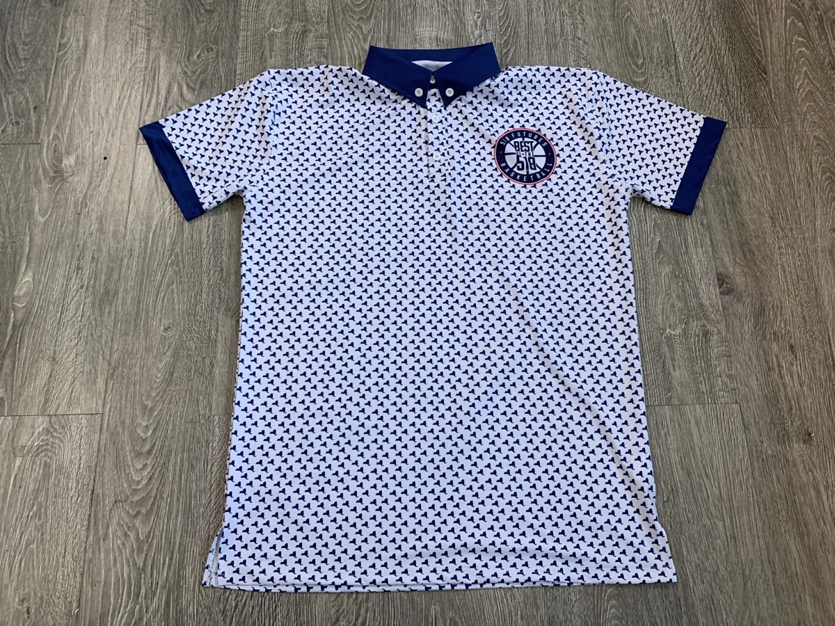 Golf Polo – White Geometric Print - custom sportswear manufacturer Glory Ground Apparel
