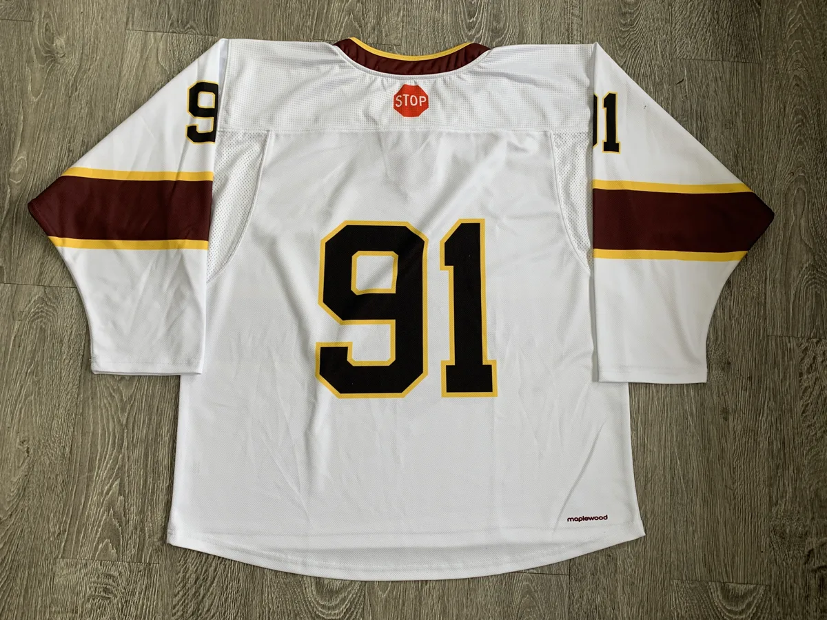 Hockey Jersey – White with Maroon Stripes - custom sportswear manufacturer Glory Ground Apparel
