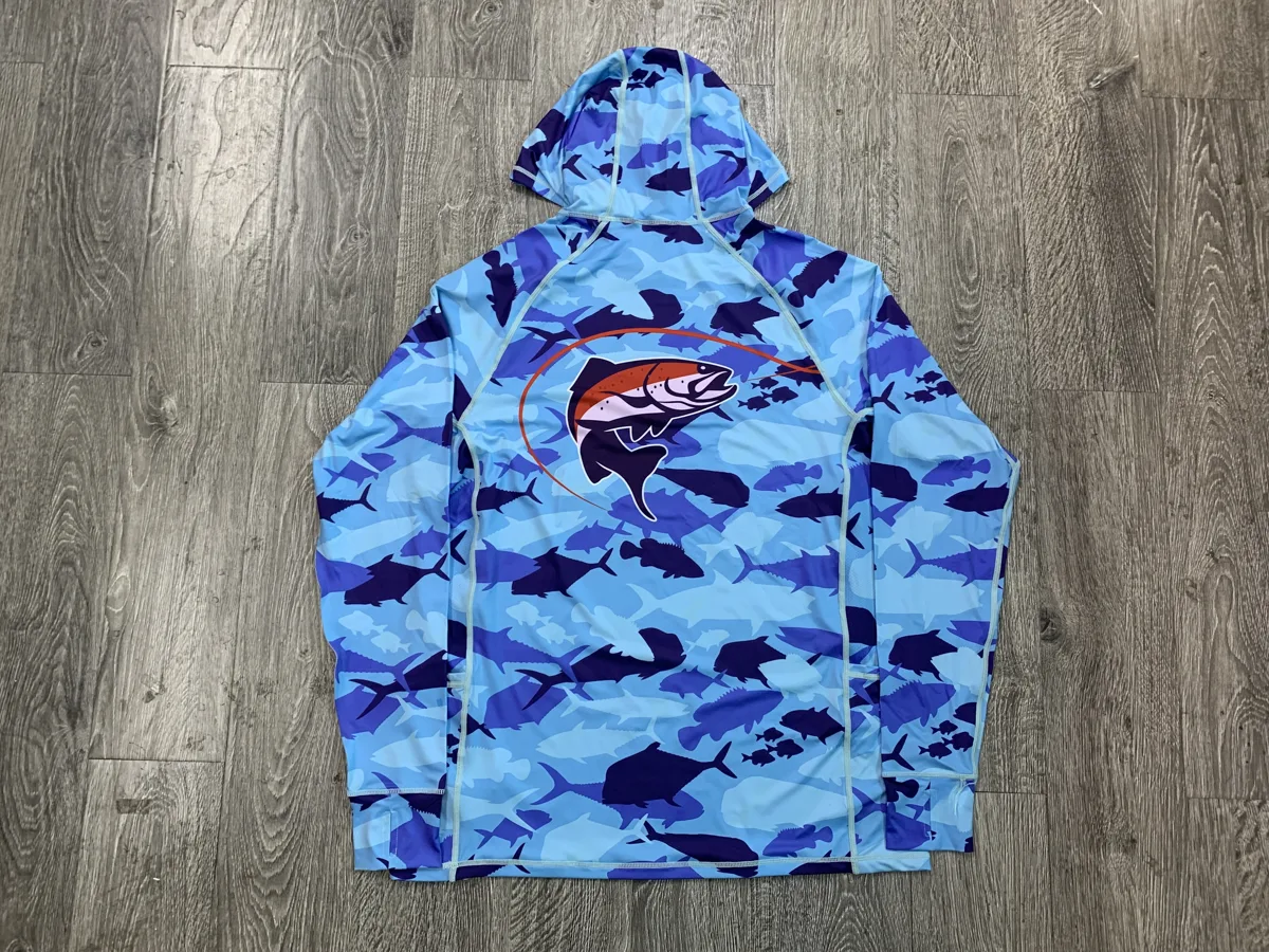 Hooded Fishing Shirt – Blue Fish Print - custom sportswear manufacturer Glory Ground Apparel