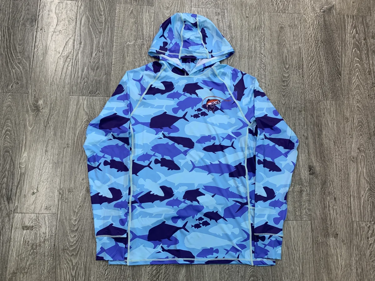 Hooded Fishing Shirt – Blue Fish Print - custom sportswear manufacturer Glory Ground Apparel