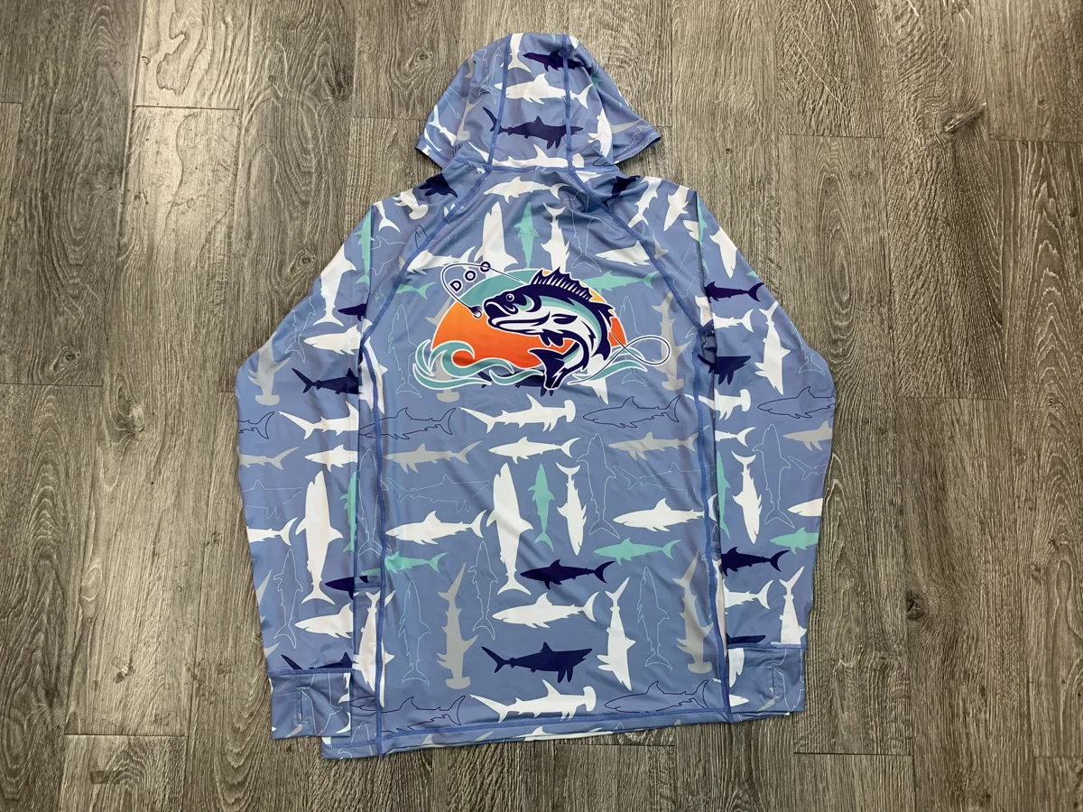 Hooded Fishing Shirt – Shark Print - custom sportswear manufacturer Glory Ground Apparel