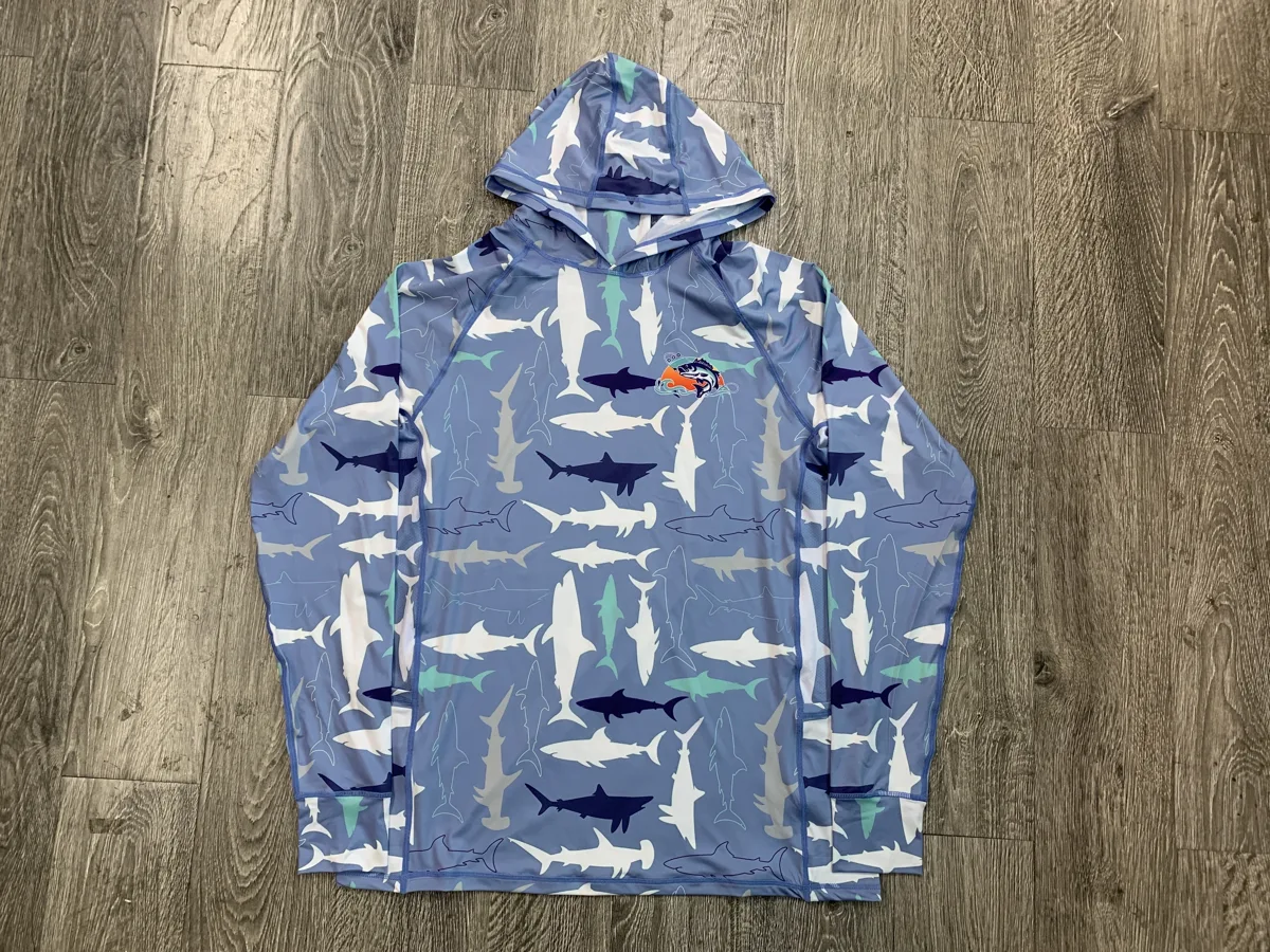 Hooded Fishing Shirt – Shark Print - custom sportswear manufacturer Glory Ground Apparel