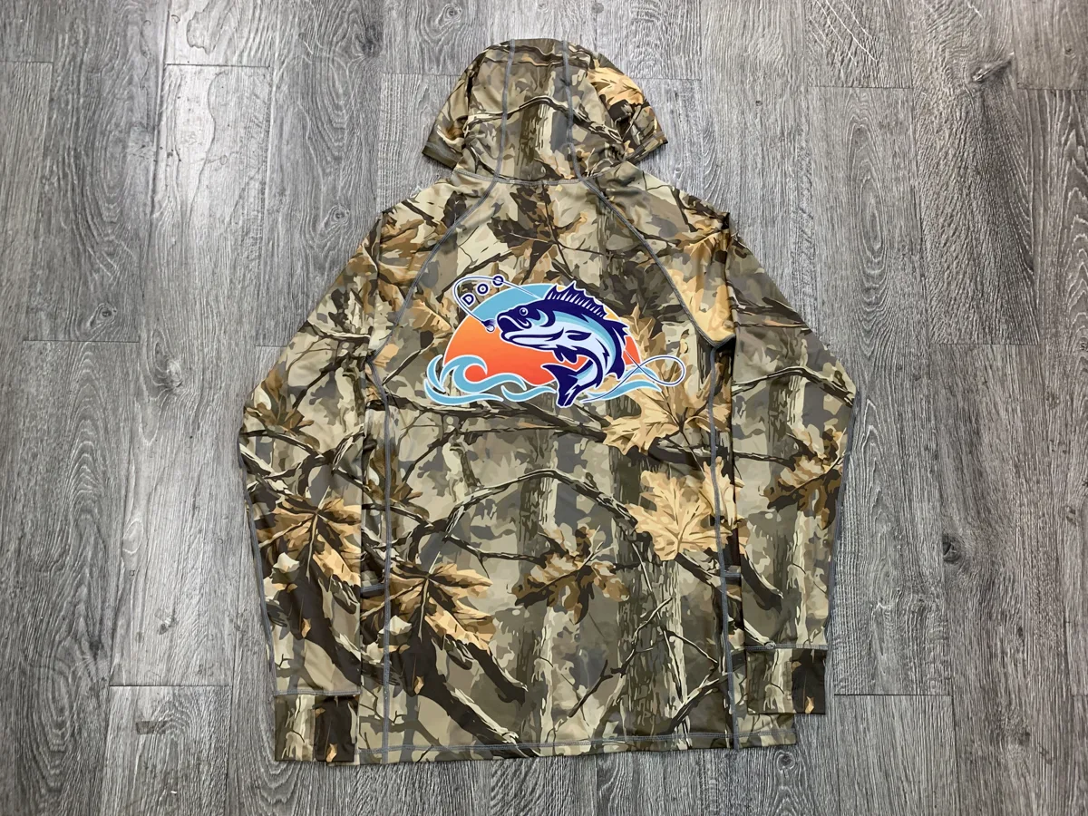 Hooded Fishing Shirt – Woodland Camo - custom sportswear manufacturer Glory Ground Apparel