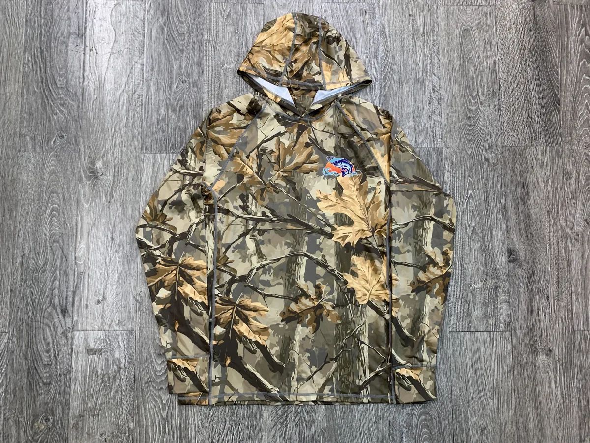 Hooded Fishing Shirt – Woodland Camo - custom sportswear manufacturer Glory Ground Apparel