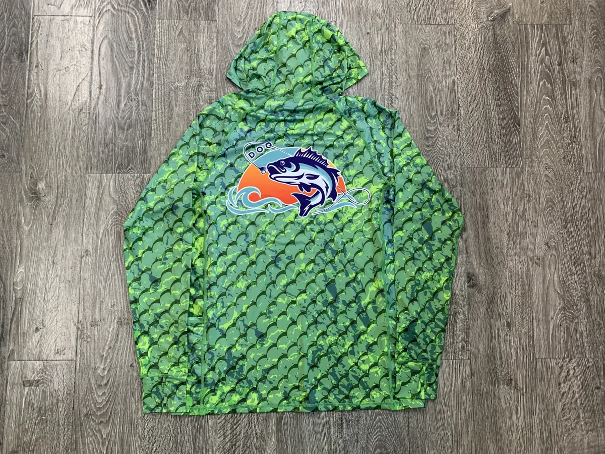 Hooded Fishing Shirt – Green Scale Print - custom sportswear manufacturer Glory Ground Apparel