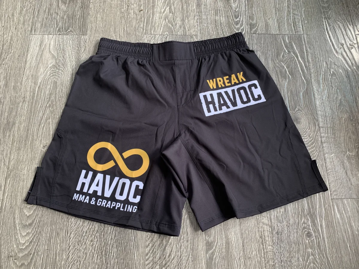 MMA Shorts – Black with Bold Logo - custom sportswear manufacturer Glory Ground Apparel