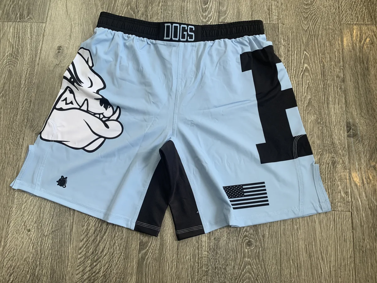 Custom Fight Shorts – Light Blue & Black - custom sportswear manufacturer Glory Ground Apparel