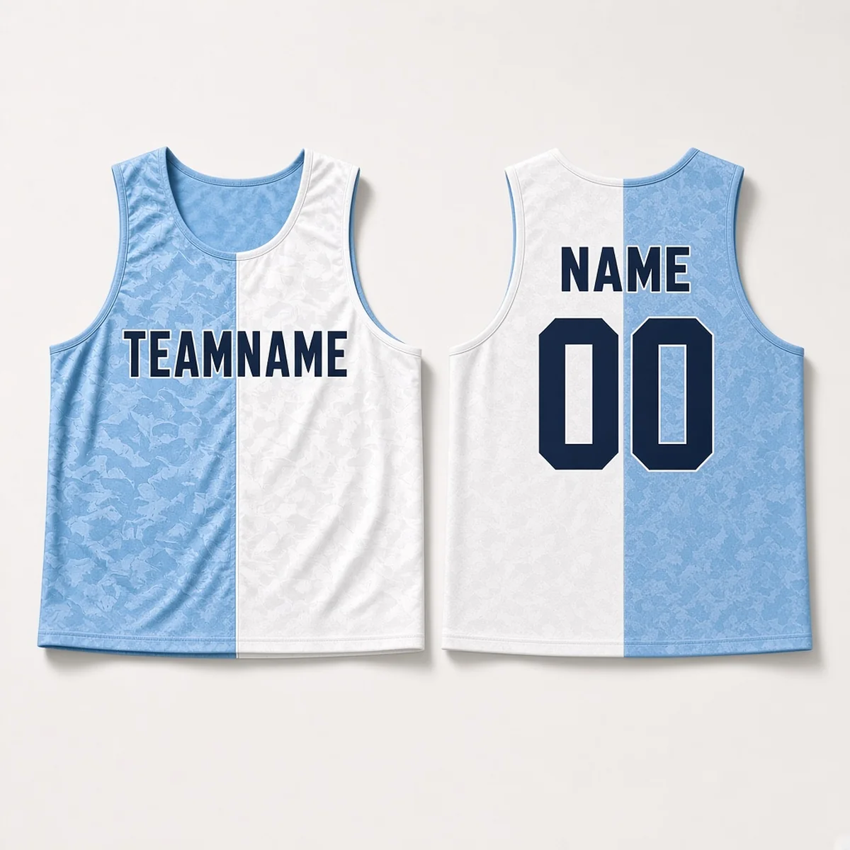 Design concept of a reversible lacrosse pinnie and shorts in sky blue and white