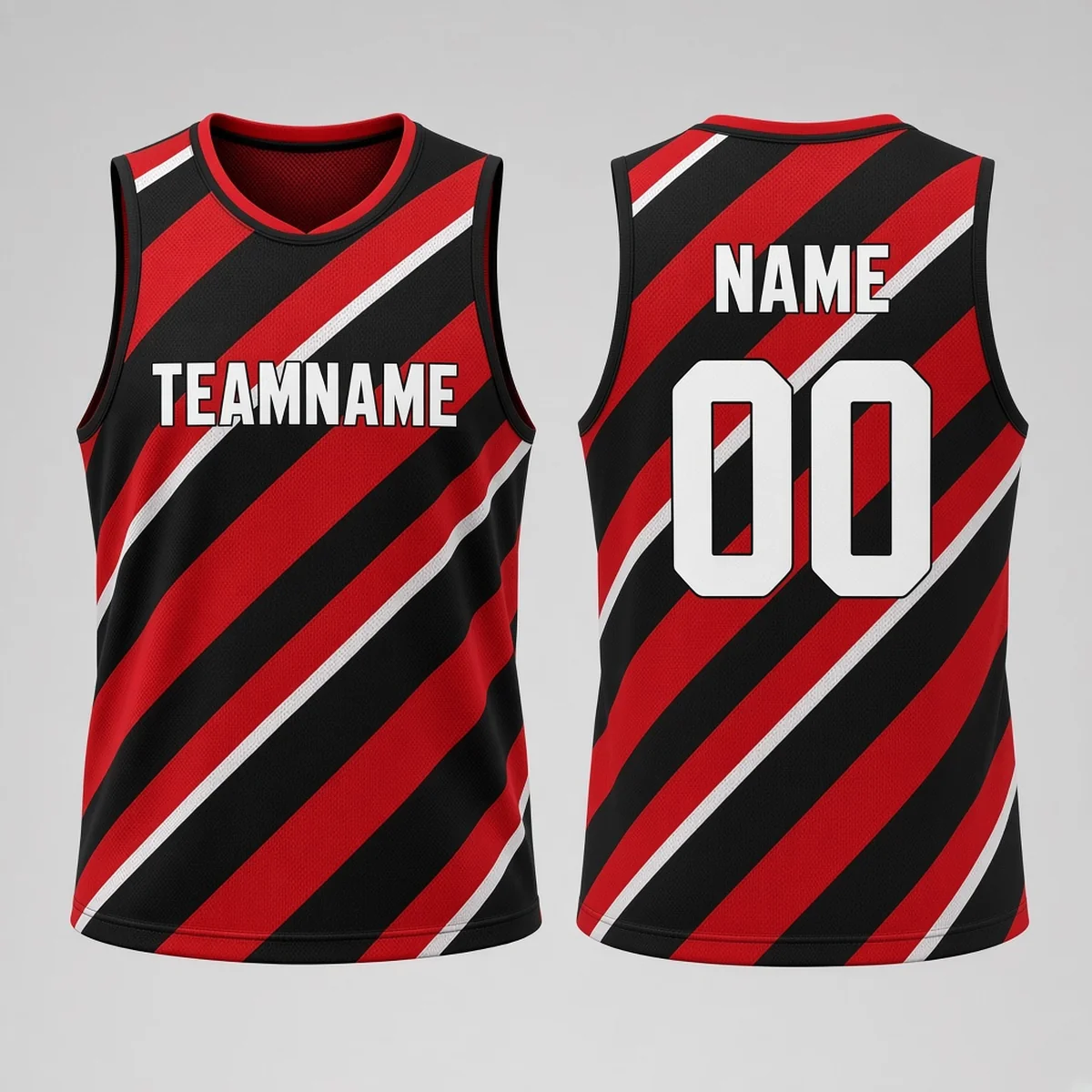 Design concept of a custom sublimated lacrosse jersey with red, black and white stripes