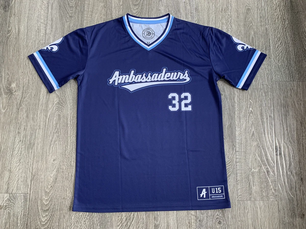 Navy V-Neck Baseball Jersey - custom sportswear manufacturer Glory Ground Apparel